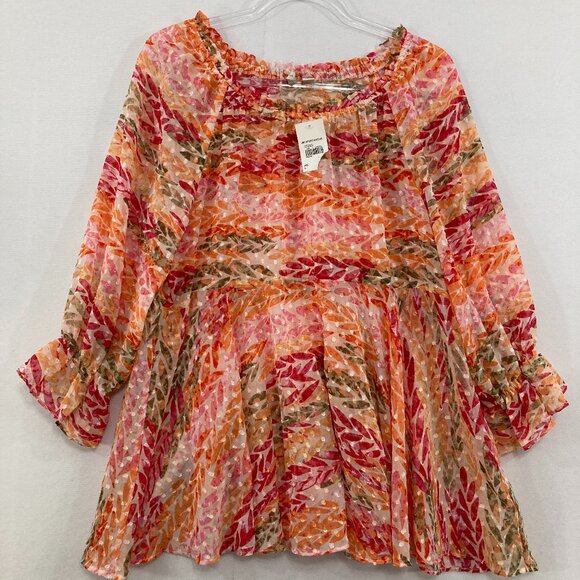 New Cato Large Orange Pink Swiss Dot Ruffle Baby-doll Romantic Feminine Blouse - Picture 1 of 12